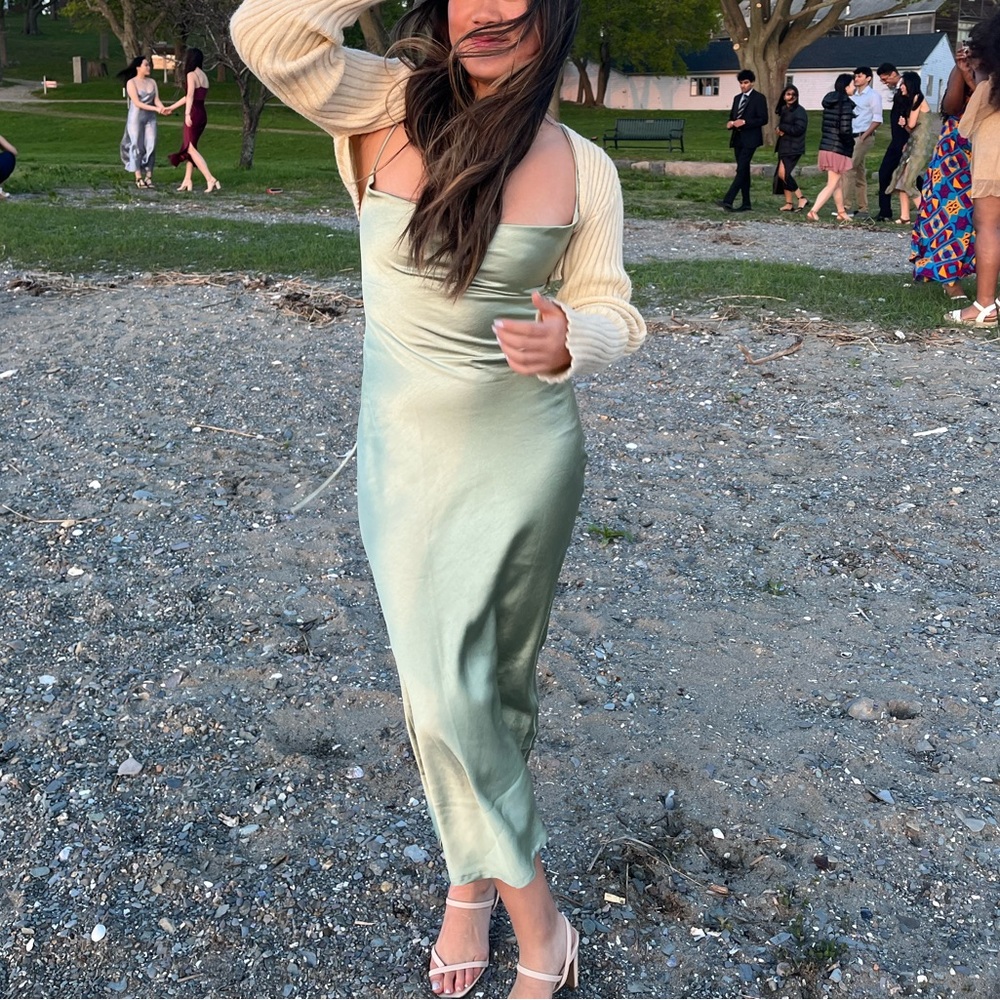 Green Satin Midi Dress Backless Princess Polly Formal Size 2-4